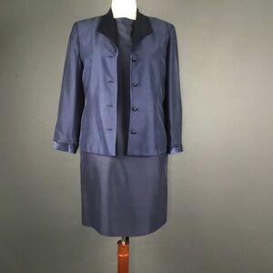 Vintage Talbots Dress Jacket Set Womens 14 Blue Silk Satin Lined Sheath Formal